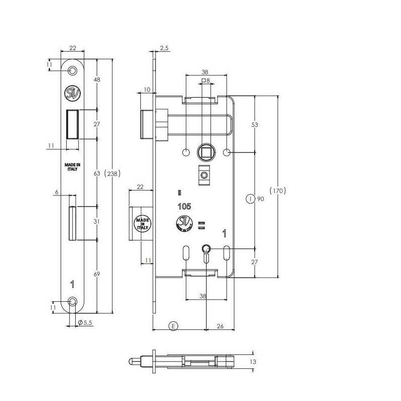 Buy STV 105 SERRATURA PATENT GRANDE interasse 90mm, entrata 50 BRONZATA 