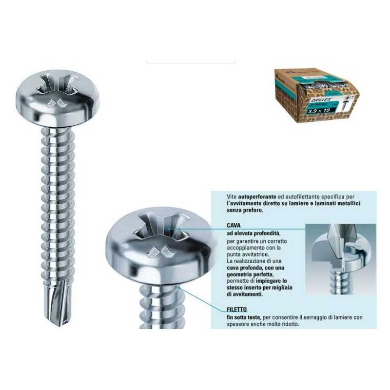 Buy Vite autoperforante ed autofilettante DRILLEX® testa cilindrica a croce - 3,5x9,5 - per lamiere, profilati metallici e PVC 