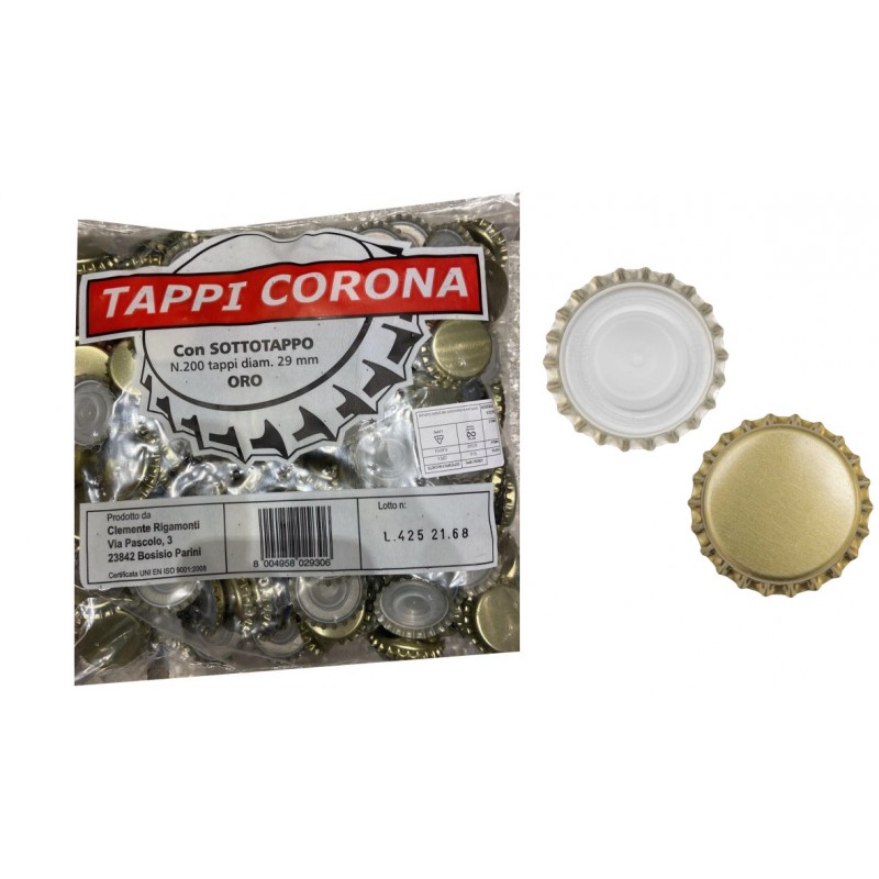 Tappi corona Ø 29mm con sottotappo di tenuta in plastica per  imbottigliamento - ORO - buste da 200 pezzi