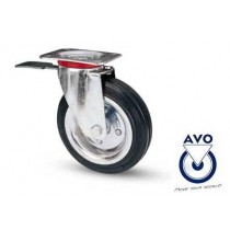 RUOTA GOMMA PIENA GIREVOLE CON FRENO Ø 160x40mm, piastra 140x100mm AVO - Supporto in acciaio stampato rotante su corona di sfer